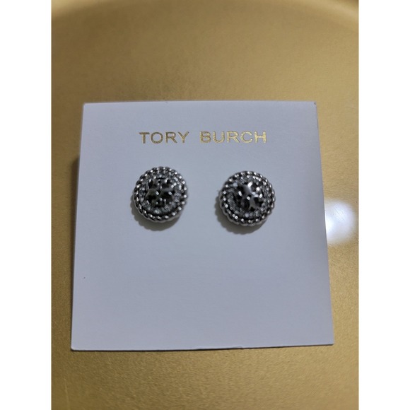 Tory Burch Jewelry - Tory Burch Miller Pave Logo Stud Earrings Silver Tone Textured Rope Border Studs